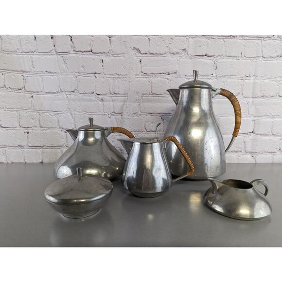 5 Piece MCM Fred Dodson Pewter and Whicker Coffee Tea Set - Picture 1 of 5